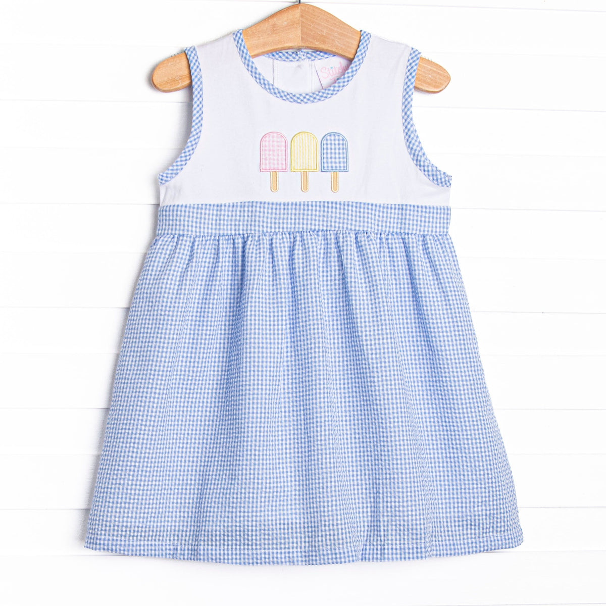 Anything is Popsicle Applique Dress, Blue Gingham