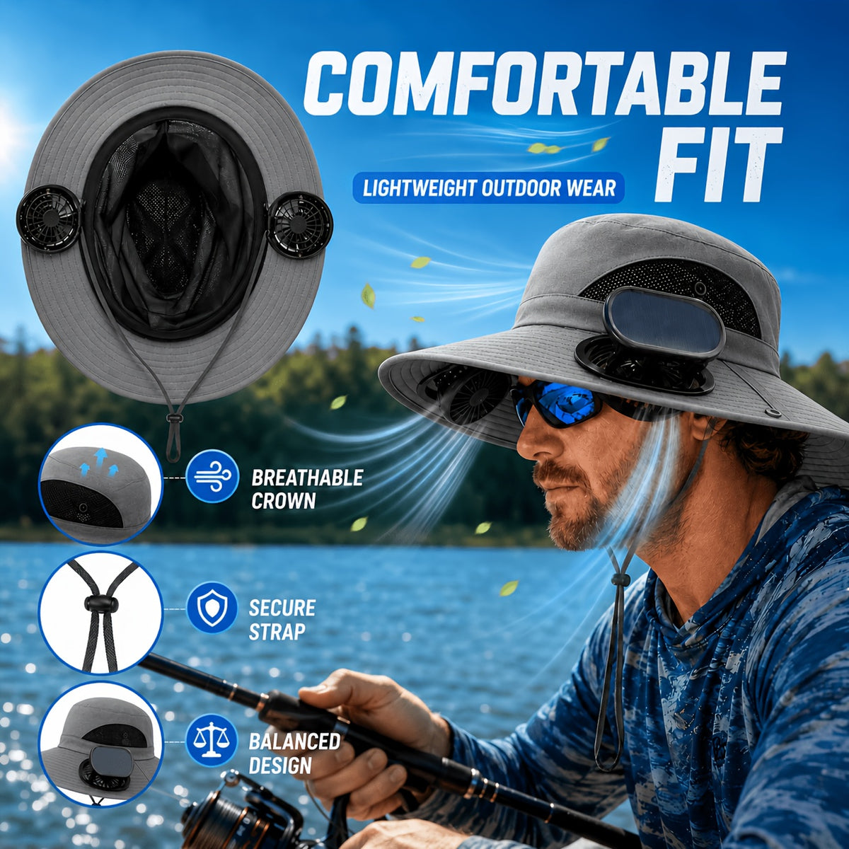 Fan Hat for Men And Women, Solar Wide Brim Sun Hat with Dual Cooling Fans, Adjustable Airflow Outdoor Hat for Summer Travel, Gardening, Hiking, Camping And Yard Work (Single Hat Without Fan/ 2 Fan)